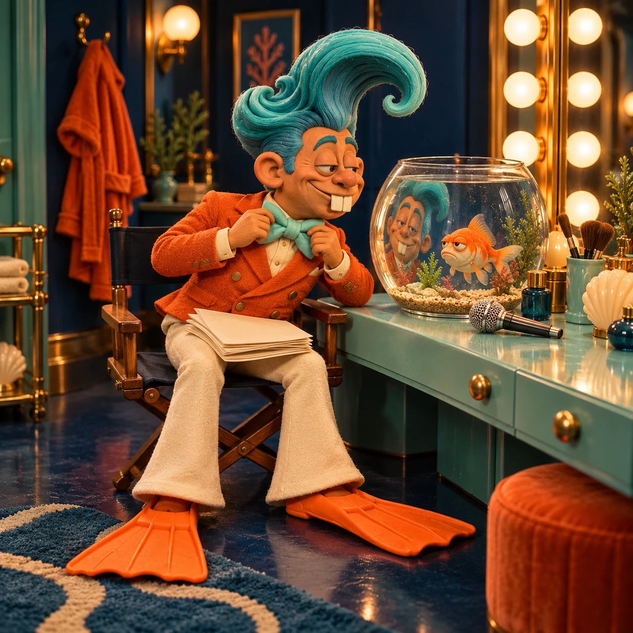 Backstage, Nico sits in a director's chair in his orange fins and adjusts his seafoam bow tie, using a goldfish bowl on the dressing table as a mirror.
