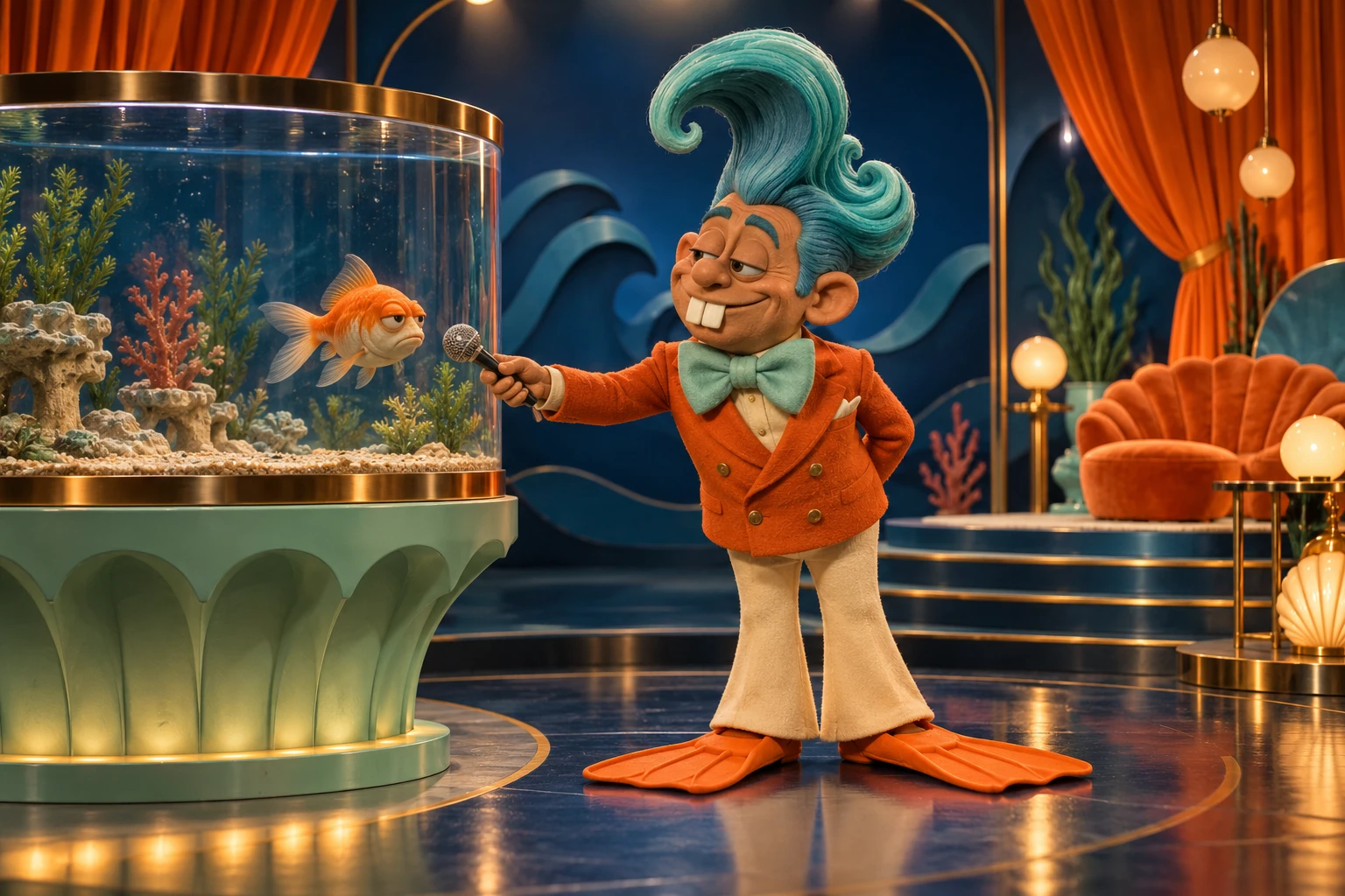 Nico, a clay aquarium host with a huge turquoise wave of hair, orange jacket and swim fins, interviews an unimpressed goldfish.