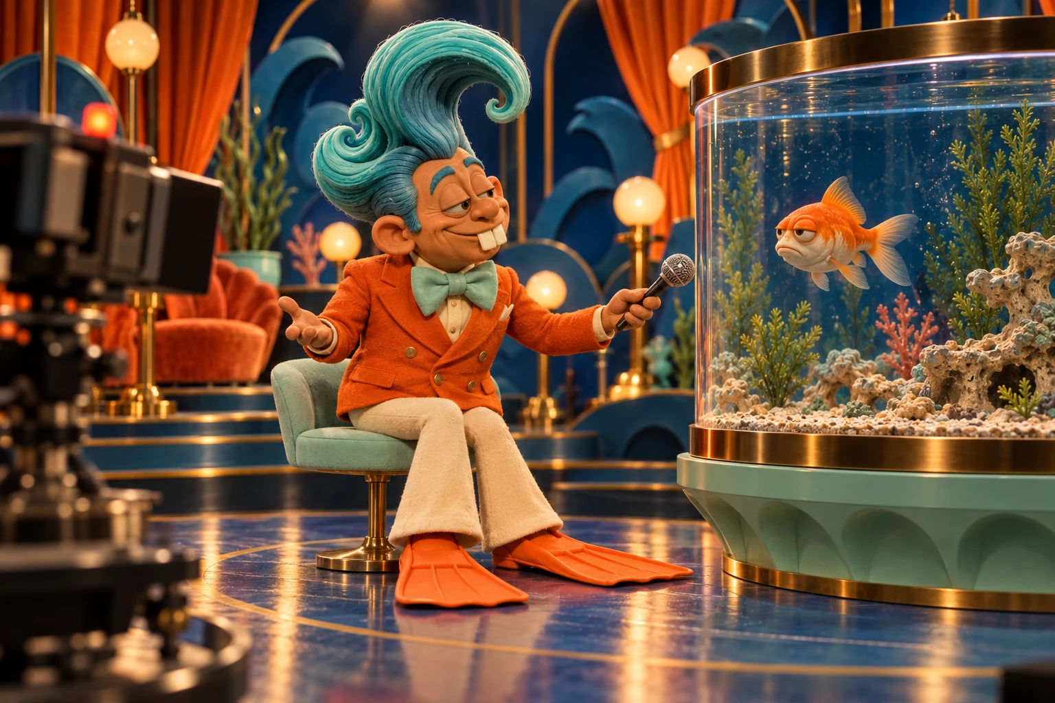 Nico leans toward a fish tank with his microphone during a serious interview in the handmade aquarium studio.