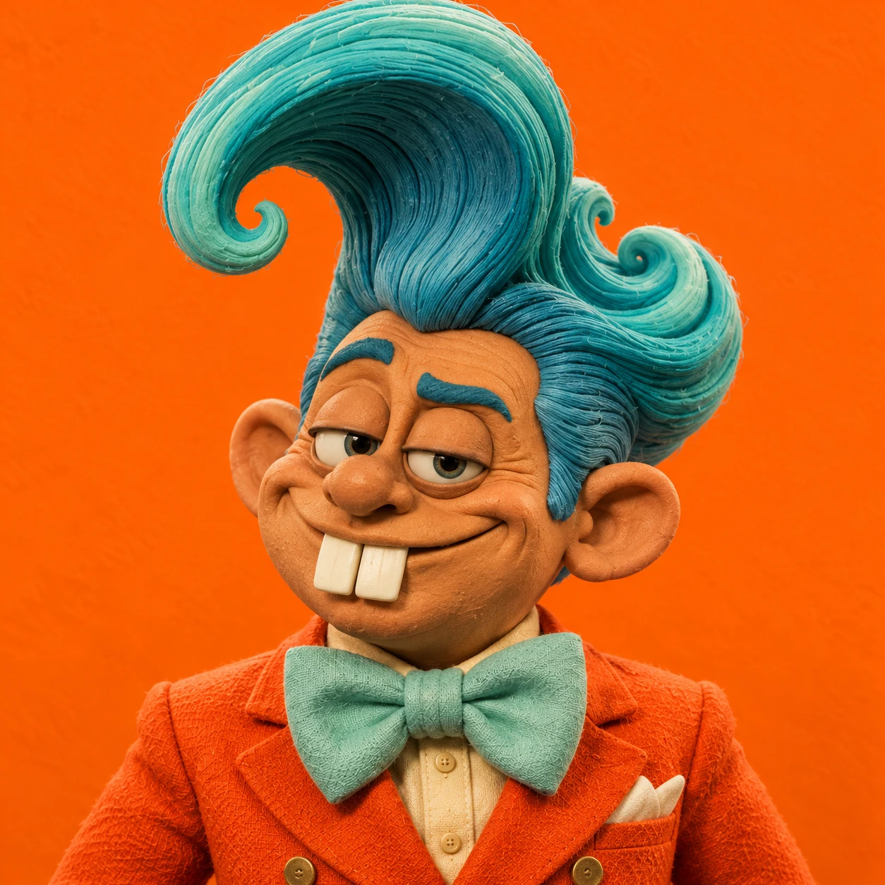 Square Nico Nori portrait: clay face, oversized turquoise wave hair, orange jacket and seafoam bow tie on an orange background.